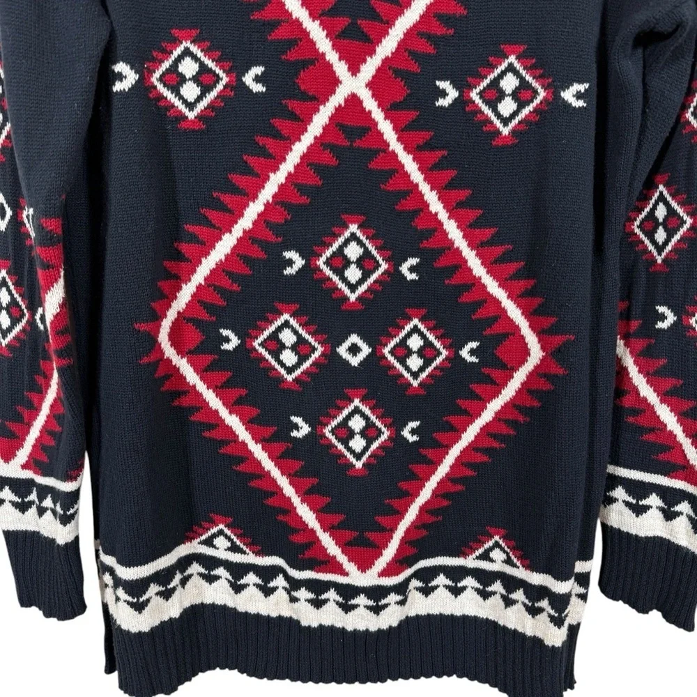 Lauren Ralph Lauren Navy and Red Aztec Print Cotton Long-Line Sweater Size L